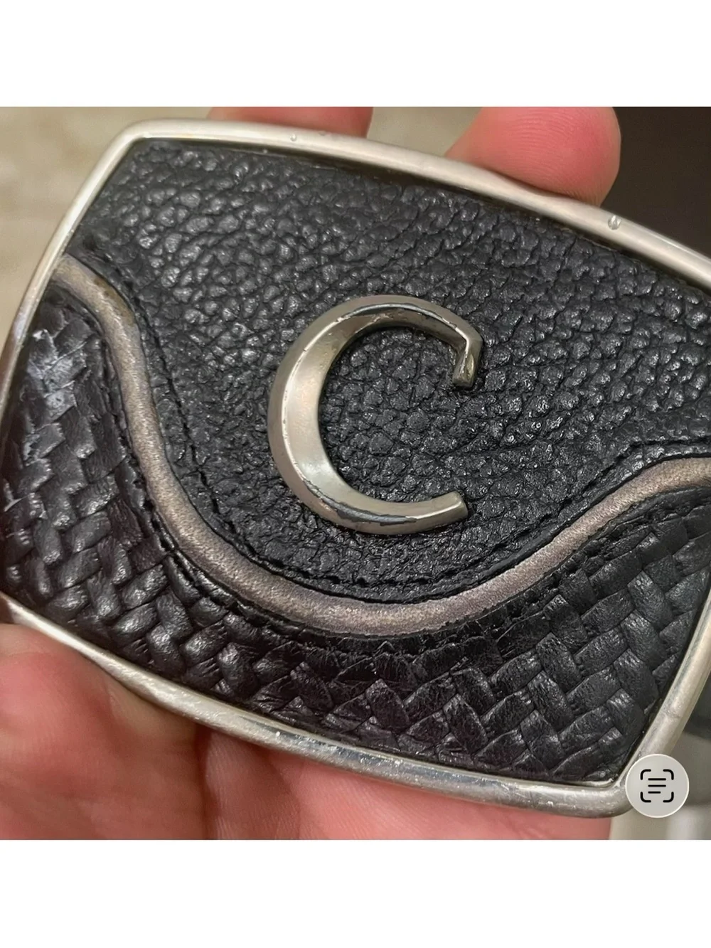 Men's Black Leather Belt Buckle with Silver 'C' Emblem